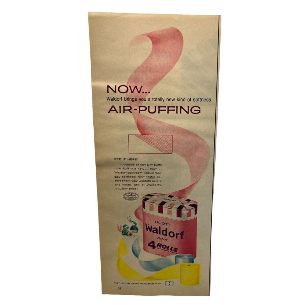 Vintage 1958 Print Ad Scott Waldorf Bathroom Tissue Air Puffing Toilet Paper